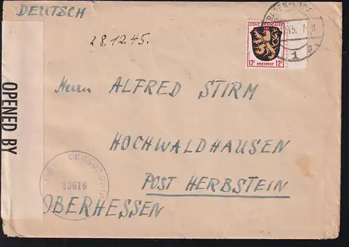 Wappen 12 Pfg. Randstück auf Brief ab Baden-Baden 28.12.45 nach Hochwaldhausen