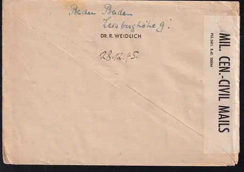 Wappen 12 Pfg. Randstück auf Brief ab Baden-Baden 28.12.45 nach Hochwaldhausen