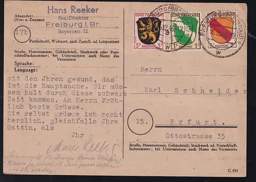 Wappen 1 Pfg., 3 Pfg. und 8 Pfg. auf Postkarte ab Freiburg (Breisgau) 16.12.46 nach Erfurt