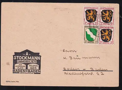 Wappen 1 Pfg. und 3 Pfg. (3x) auf Firmenpostkarte (A. Stockmann, Baden-Baden)