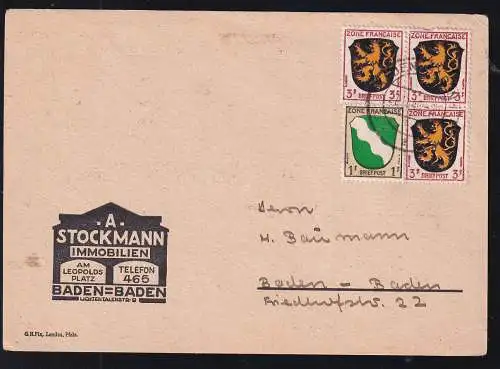 Wappen 1 Pfg. und 3 Pfg. (3x) auf Firmenpostkarte (A. Stockmann, Baden-Baden)