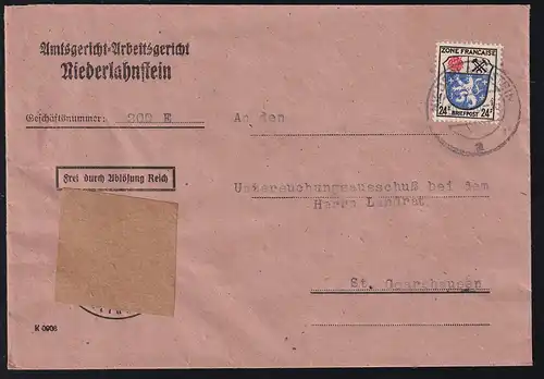 Wappen 24 Pfg. auf Brief des Amtsgericht-Arbeitsgericht Niederlahnstein 