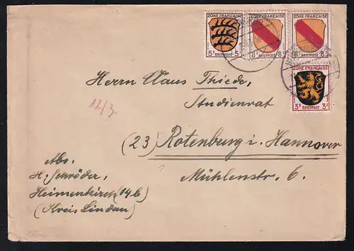 Wappen 3 Pfg., 5 Pfg. und 8 Pfg. (2x) auf Brief ab Heimenkirch 21.2.47 nach Rotenburg 