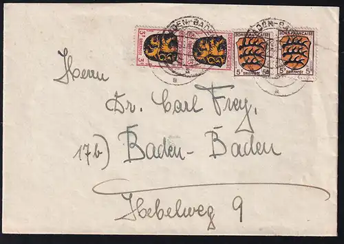 Wappen 3 Pfg. (senkr. Paar) und 5 Pfg. (2x) auf Brief ab Baden-Baden 22.12.46 nach Baden-Baden