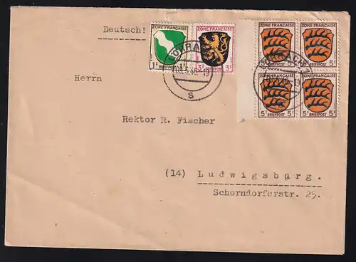 Wappen 1 Pfg., 3 Pfg., und 5 Pfg. (Randvierblock) auf Brief ab Lörrach 09.5.46 