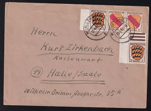 Wappen 5 Pfg. (2 Randstücke) und 8 Pfg. (2x) auf Brief ab Konstanz 12.4.47 nach Halle/Saale