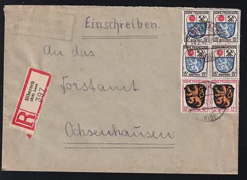 Wappen 12 Pfg. (2 x) und 15 Pfg. (4x) auf R-Brief aus Suolmingen nach Ochsenhausen