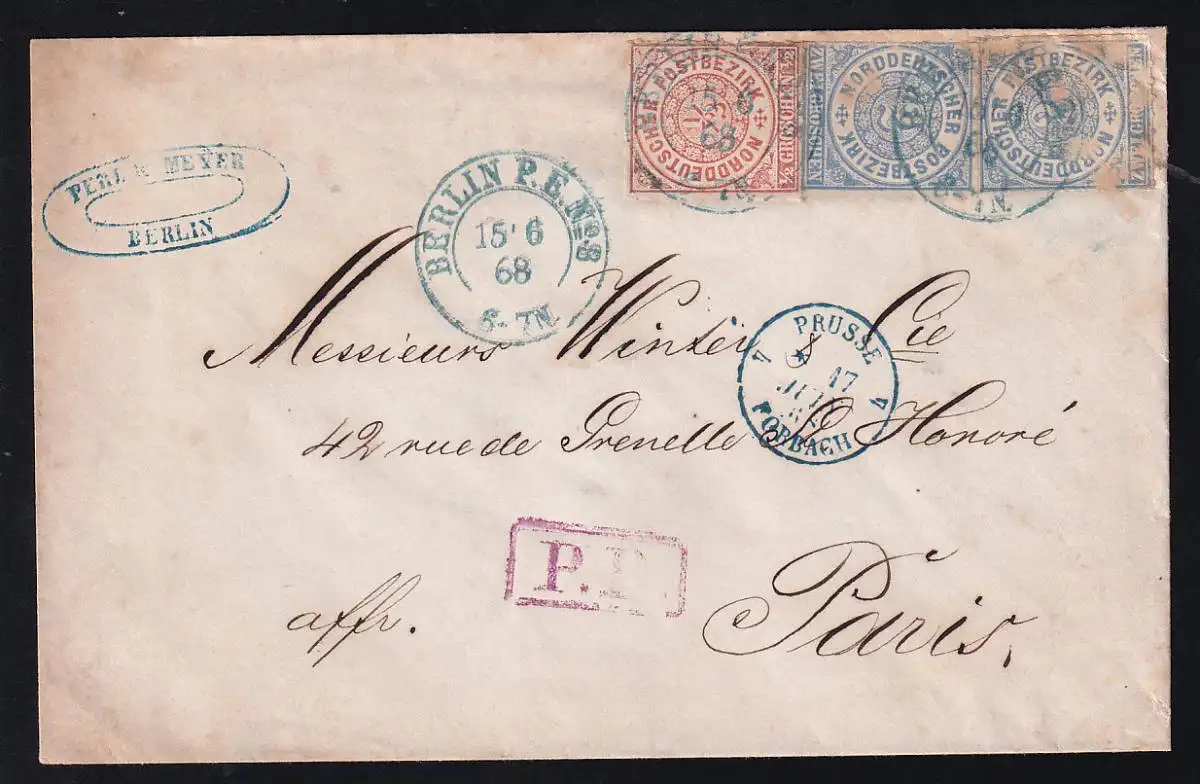 Ziffer ½  Gr. Und 2 Gr. (2x) auf Brief mit K2 BERLIN P.E. No 8 15.6.68 nach Paris