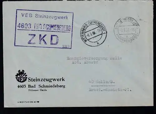 R3 VEB Steinzeugwerk 4603 BAD SCHMIEDEBERG ZKD auf Brief