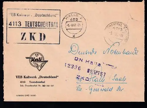 R3 VEB Kaliwerk "Deutschland" 4113 TEUTSCHENTHAL ZKD auf Brief