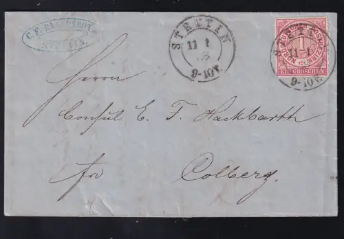 Ziffer 1 Gr. auf Firmenbrierf mit K2 STETTIN 11.1.68 nach Colberg