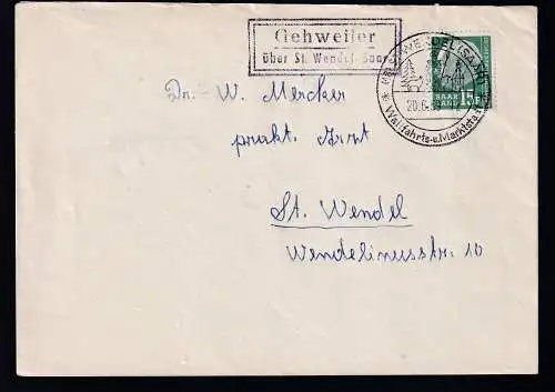 Theodor Heuss 15 F. auf Brief aus Gehweiler +ber St- Wendel (Saar) hnach St. Wendel