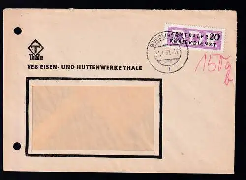 ZKD-Marke 20 Pfg. auf Brief des VEB Eisen- und Hüttenwerk Thale,