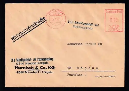 Brief des VEB Schichtpreßstoff- und Plastverarbeitung Neudorf  mit Freistempel