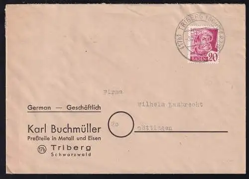 Freimarken 20 Pfg. auf Fensterbrief der Firma Karl Buchmüller Tribsee 