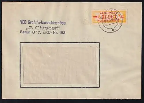 ZKD-Marke 20 Pfg. auf Fensterbrief des VEB Großdrehmaschinenbau "7. Oktober" Berlin O 17