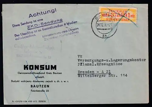 ZKD-Marke 20 Pfg. auf Brief der Großhandelsgesellschaft Lebensmittel Bautzen