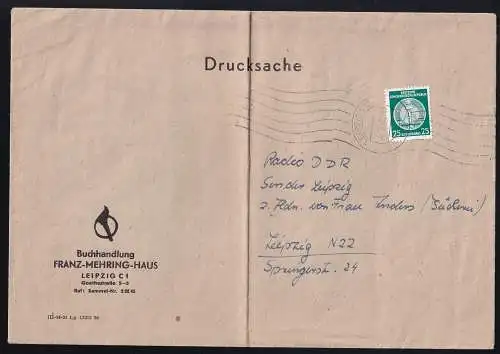Staatswappen 25 Pfg. auf Brief der Buchhandlung Franz-Mehring-Haus Leipzig C1, 
