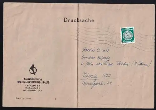 Staatswappen 25 Pfg. auf Brief der Buchhandlung Franz-Mehring-Haus Leipzig C1,