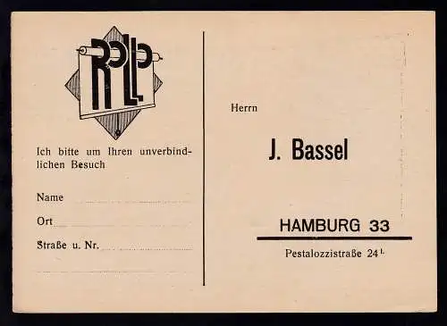 Hamburg Firmenantwort-Postkarte der Firma J. Bassel Hamburg