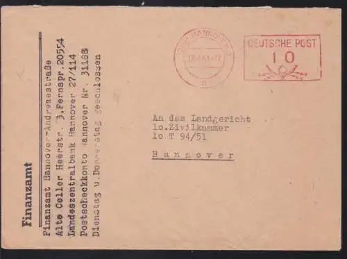 (20a) HANNOVER 2 n 17.4.51 Deutsche Post 10 auf Brief des Finanzamt Hannover-