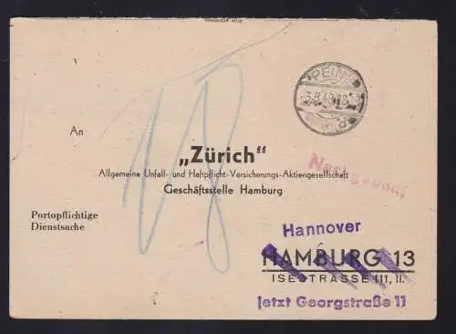 1948 Dienstpostkarte des Landkreis Peine nach Hannover mit Nachgebühr,