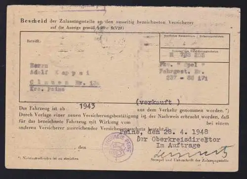 1948 Dienstpostkarte des Landkreis Peine nach Hannover mit Nachgebühr,