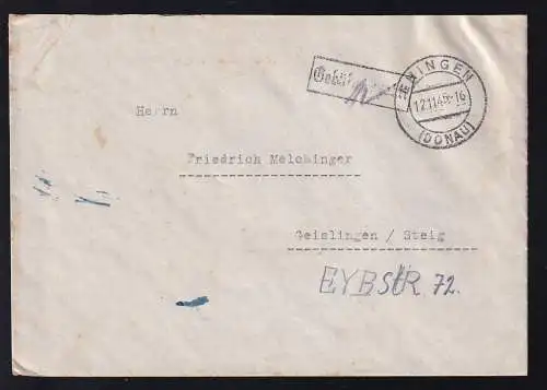 EHINGEN (DONAU) 12.11.45 + R1 Gebühr bezahlt auf Brief