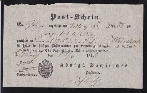 1845 Piost-schein der Königlich säschsischen Post