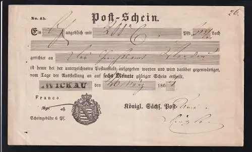 1864 Piost-schein der Königlich säschsischen Post