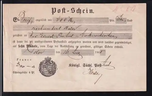 1864 Piost-schein der Königlich säschsischen Post