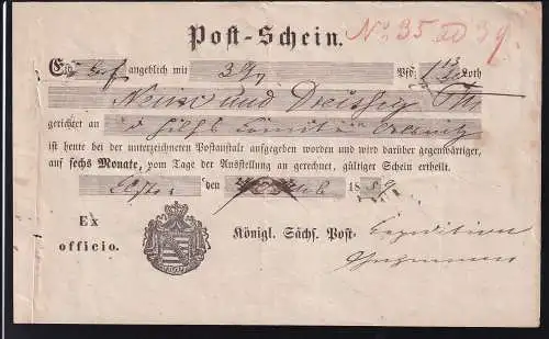 1859 Piost-schein der Königlich säschsischen Post