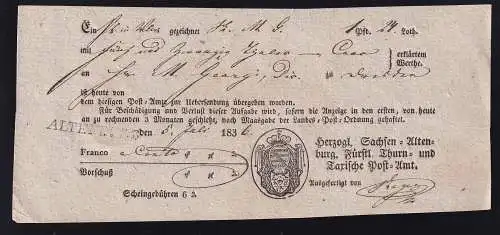 1836 L1 ALTENBURG auf Postschein des Fürstl. Thurn- und Taxischen Postamt