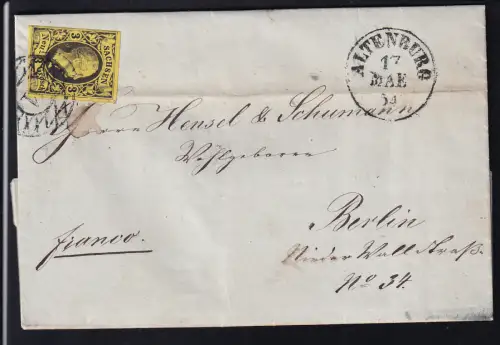 König Friedrich August 3 Ngr. auf Brief mit Nummernstempel 11 + K2 ALTENBURG17 MAE 54 nach Berlin