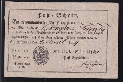 1839 L1 bischofswerda auf Post-Schein für recommandirten Brief