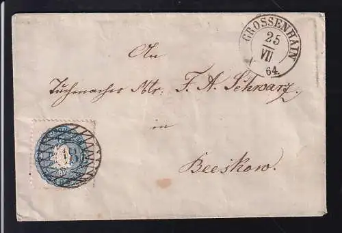 Wappen 2 Ngr. auf Brief mit Nummernstempel 18 + K2 GROSSENHAIN 25.VII.64 nach Beeskow