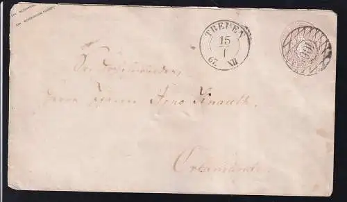 Wappen 1 Ngr. mit Nummernstempel 106 + K2 TREUEN 15.I.67 nach Orlamünde mit rs Bahnpost-R3 REICHENBACH-EGER