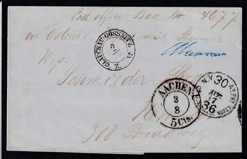 K2 GLAUCHAU-GÖSSNITZ Z. VI 12.VIII. + K2 AACHEN 5 Cts. 3.8. auf Briefhülle nach New York