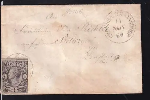 König Johann ½  Ngr. auf Brief mit undeutl. Nummernstempel 146 + K1 GROSSHARTMANNSDORF 11 NOV 60