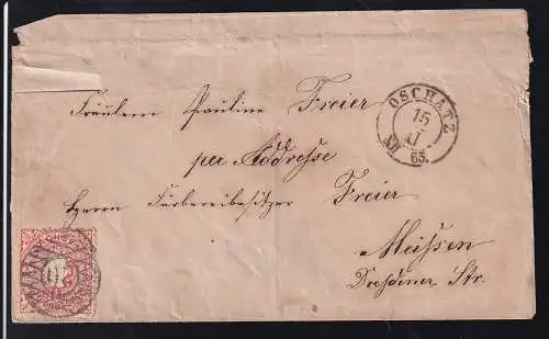 wappen ½  Ngr. auf Brief mit Nummernstempel 20 + K2 OSCHATZ 15.XIK.65 nach Meissen, 