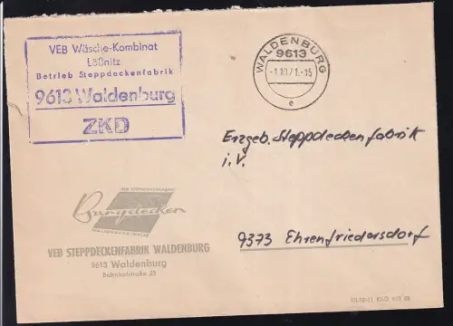 R5 VEB Wäsche-Kombinat Lößnitz Betrieb Steppdeckenfabrik 9613 Waldenburg ZKD auf Brief