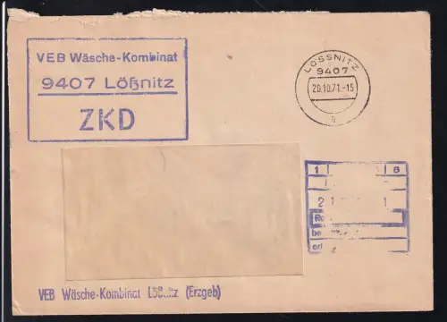R3 VEB Wäsche-Kombinat 9407Lößnitz ZKD auf Fensterbrief