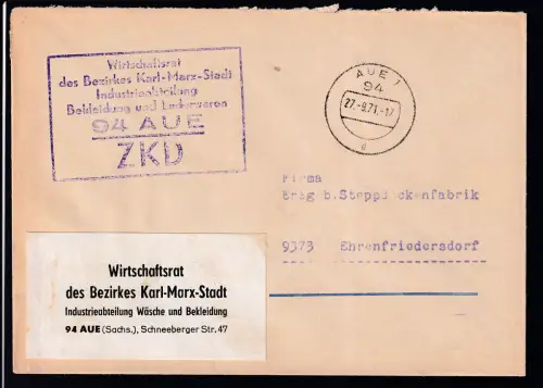 R6 Wirtschaftsrat des Bezirkes Karl-Marx-Stadt Industrieabteilung  Bekleidung und Lederwearen 94 AUE ZKD auf Brief