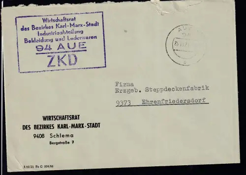 R6 Wirtschaftsrat des Bezirkes Karl-Marx-Stadt Industrieabteilung  Bekleidung und Lederwearen 94 AUE ZKD auf Brief