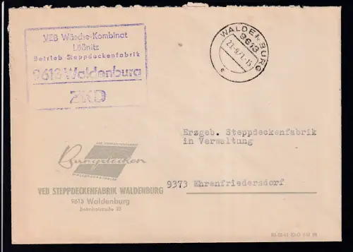 R5 VEB Wäsche-Kombinat Lößnitz Betrieb Steppdeckenfabrik 9613 Waldenburg ZKD auf Brief