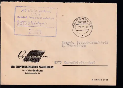 R5 VEB Wäsche-Kombinat Lößnitz Betrieb Steppdeckenfabrik 9613 Waldenburg ZKD auf Brief