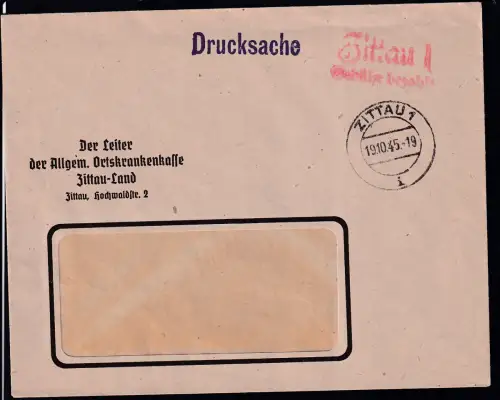 ZITTAU 1 i 19.10.45 + roter L2 Zittau 1 Gebühr bezahlt auf Fensterbrief der AOK Zittau-Land