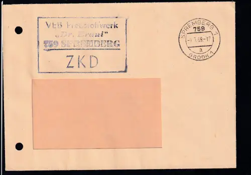 R4 VEB Preßstoffwerk "Dr. Erani" 759 SPREMBERG ZKD auf Fensterbrief, Brief Aktemlochung