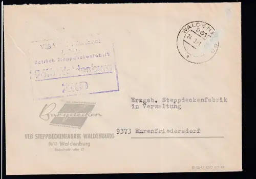 R5 VEB Wäsche-Kombinat Lößnitz Betrieb Steppdeckenfabrik 9613 Waldenburg ZKD auf Brief