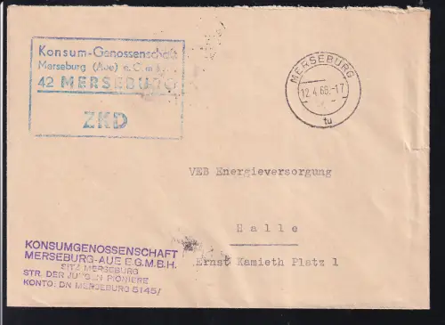 R4 Konsum-Genossenschaft Merseburg (Aue)e.G.m.b.H. 42 MERYSEBURG ZKD auf Brief